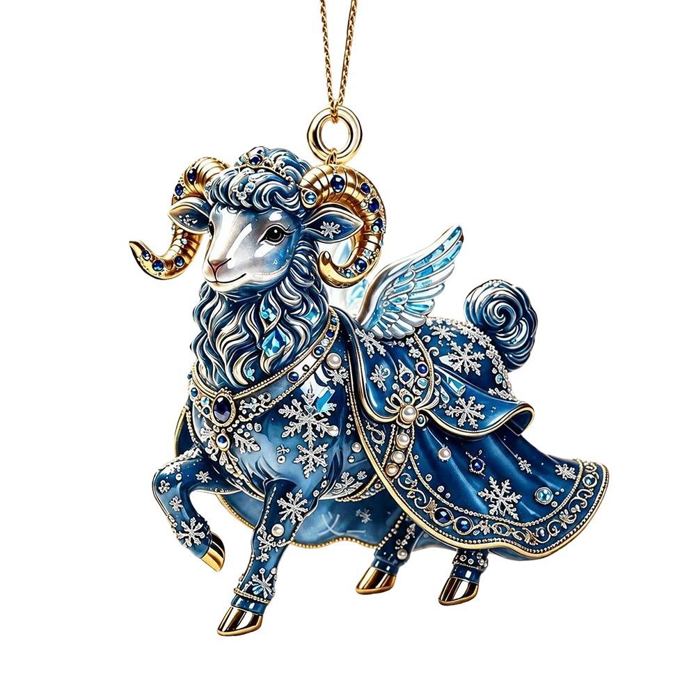 2D Flat Goat Hanging Ornament Shining Acrylic Animal Hanging Decoration Angel Wings Artificial Rhinestone Zodiac Goat Souvenir