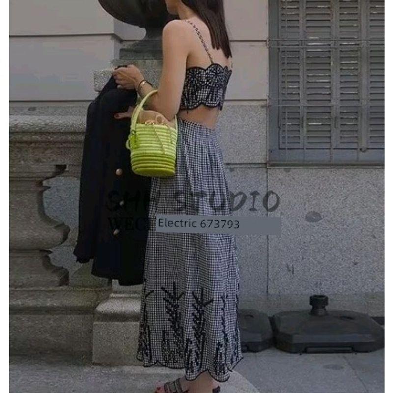 Spring New Women's Clothing French Design Sexy off-the-Shoulder Temperament Square Collar Print Sling Tube Top Dress