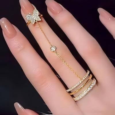 Vlinder Strass Dubbele Vinger Kwast Ring - Uniek Kettingontwerp voor Vrouwen