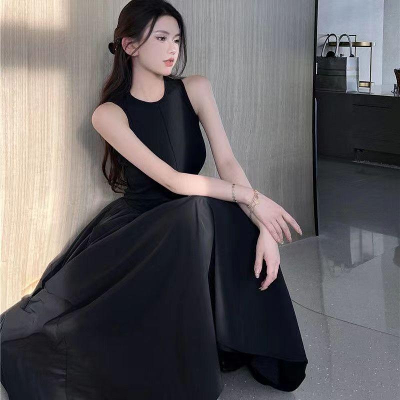 Black Slim Sleeveless Vest Dress Summer New French Hepburn Style Simple Temperament Medium and Long A-shaped Skirt