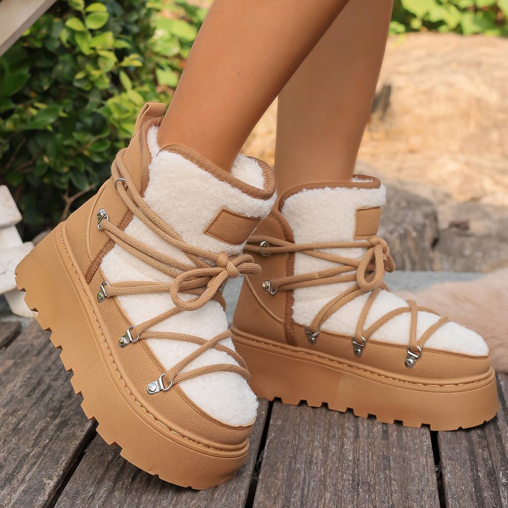 2025 Fall/Winter New Arrival: Thickened Mid-Calf Short Boots for Women Warm Winter Boots with Thick Soles and Crisscross Straps