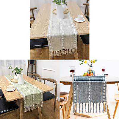 Retro Table Runner Elegant Hand Woven Cotton Linen Dining Table Runner with Tassels for Wedding Home
