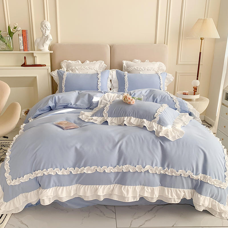 Korean Princess Lolita Bed 4-Piece Set Solid Washed Cotton Breathable Bed Sheet Duvet Cover Bedding Set with Lace