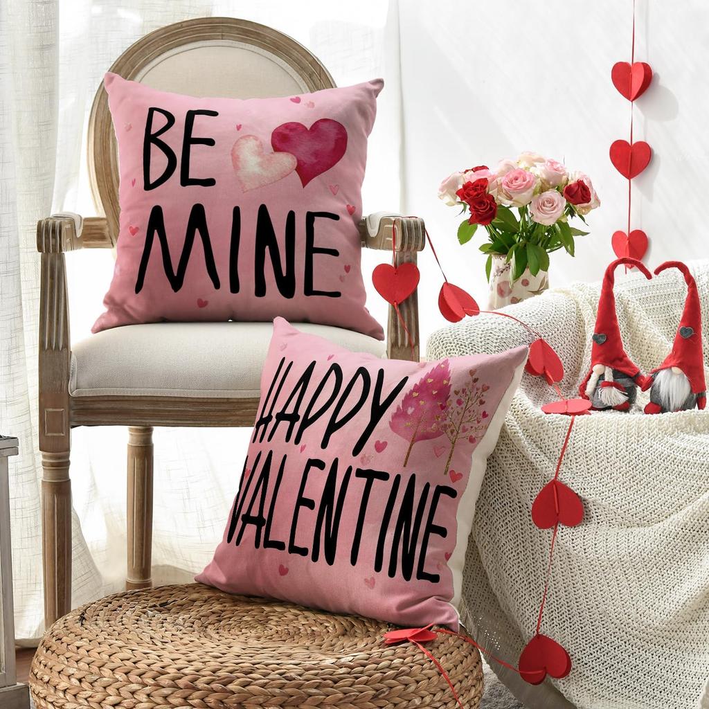 AVOIN colorlife Happy Valentine's Day Pink Heart Trees Throw Pillow Covers, 18 x 18 Inch Be Mine Bicycle Balloon Anniversary Wedding Cushion Case