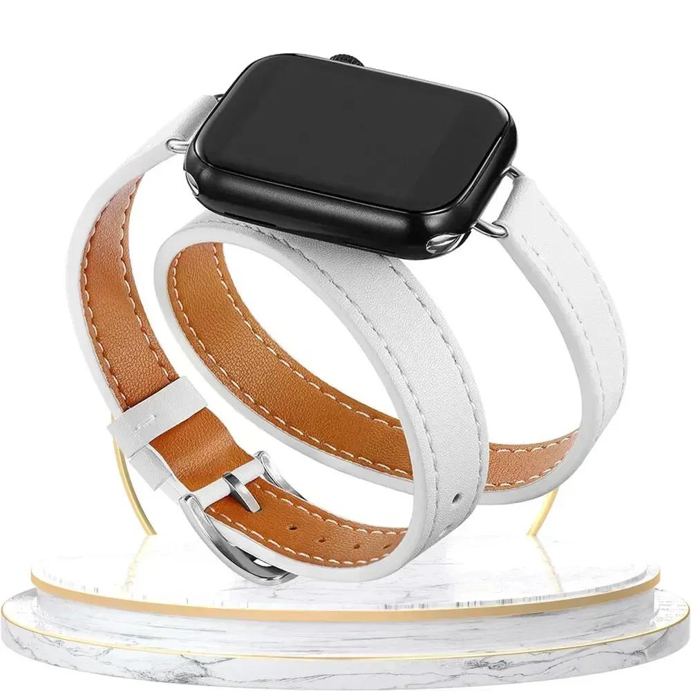 

Кожаный Ремешок Для Apple iWatch Серии 10 9 8 7 6 5 4 3 SE Ultra 2 Ремешок 38/40/41/42/44/45/46/49мм Браслет с Двойной Петлей 42 44 45 S10-46 49mm белый