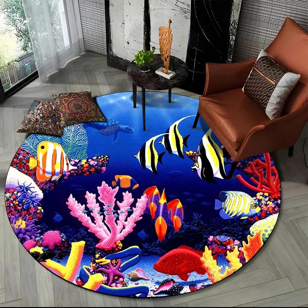 Underwater World Seabed Fish Dolphin Cartoon Round Carpet Rug for Living Room Bedroom Kids Decor,Pet Area Rug Non-slip Floor Mat