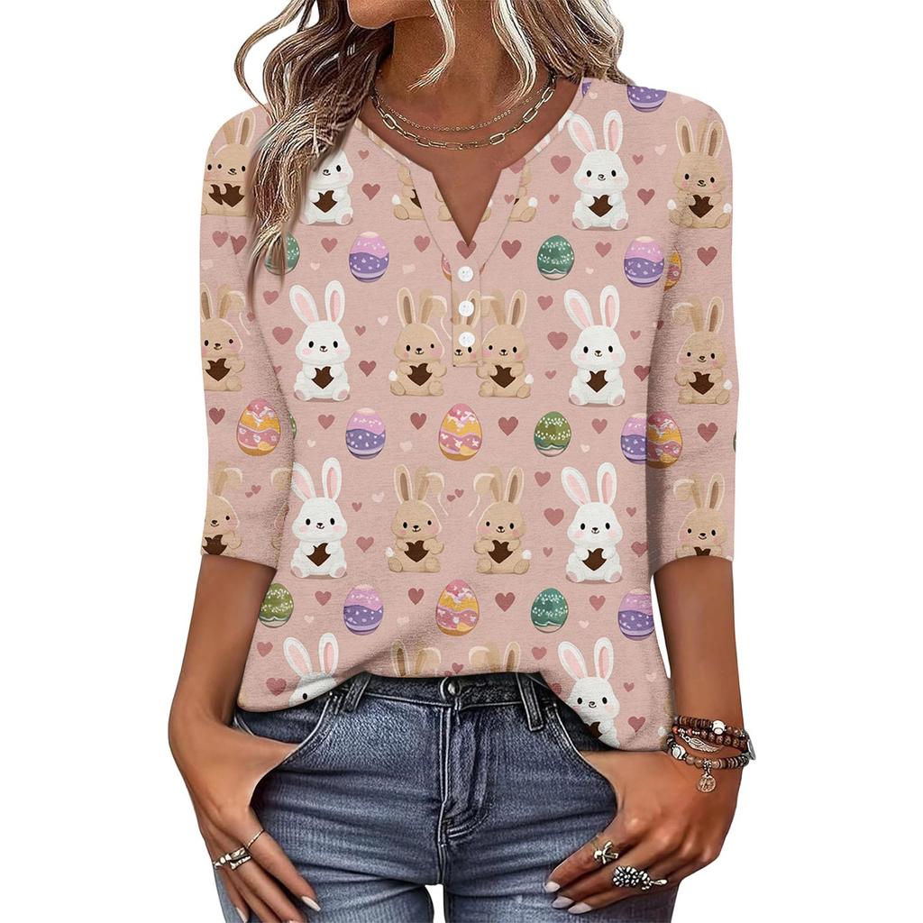 Camiseta de Manga Tres Cuartos con Botones y Cuello en V, Estampado de Conejo y Huevo de Pascua, Moderna y Casual para Mujer