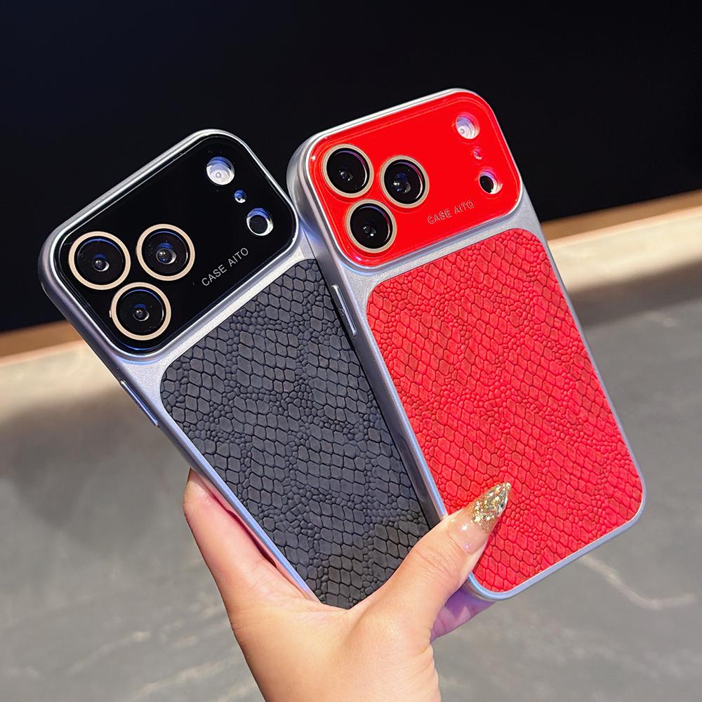 Luxury Leather Crocodile Pattern Phone Case For iPhone 17 16 15 14 Pro Max 17Pro Hard PC Big Window Shockproof Protector Cover