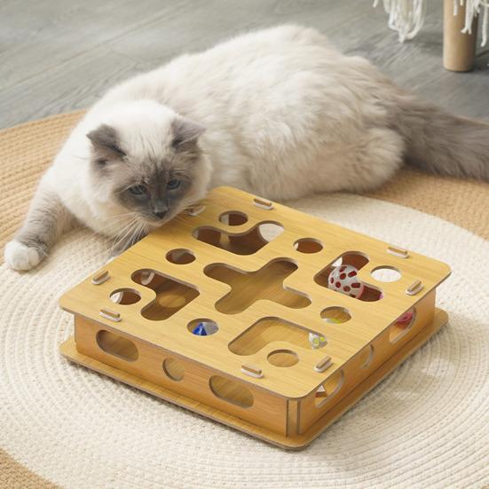 Cat Enrichment Maze Box Nail File Box with 4 Bell Balls Interactive Puzzle Toy Scratch Enrichment Box Improves Intelligence Reduces Boredom