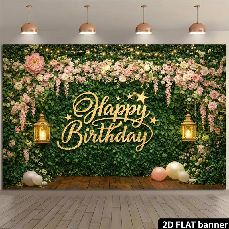 2D Romantic Floral Wall Happy Birthday 2D Backdrop for Party 47.2x31.5inch/120*80cm