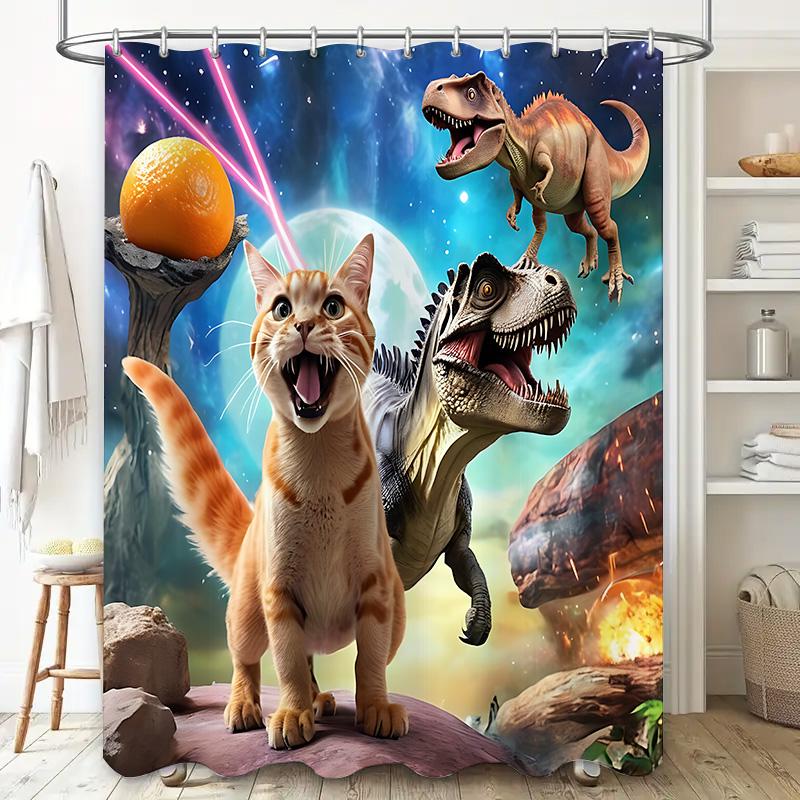 

Креативна шторка для душу з котиком і динозавром на космічному тлі додасть нотку фантазії в декор ванної кімнати, покращить атмосферу дому. 90X180cm(35x70in)