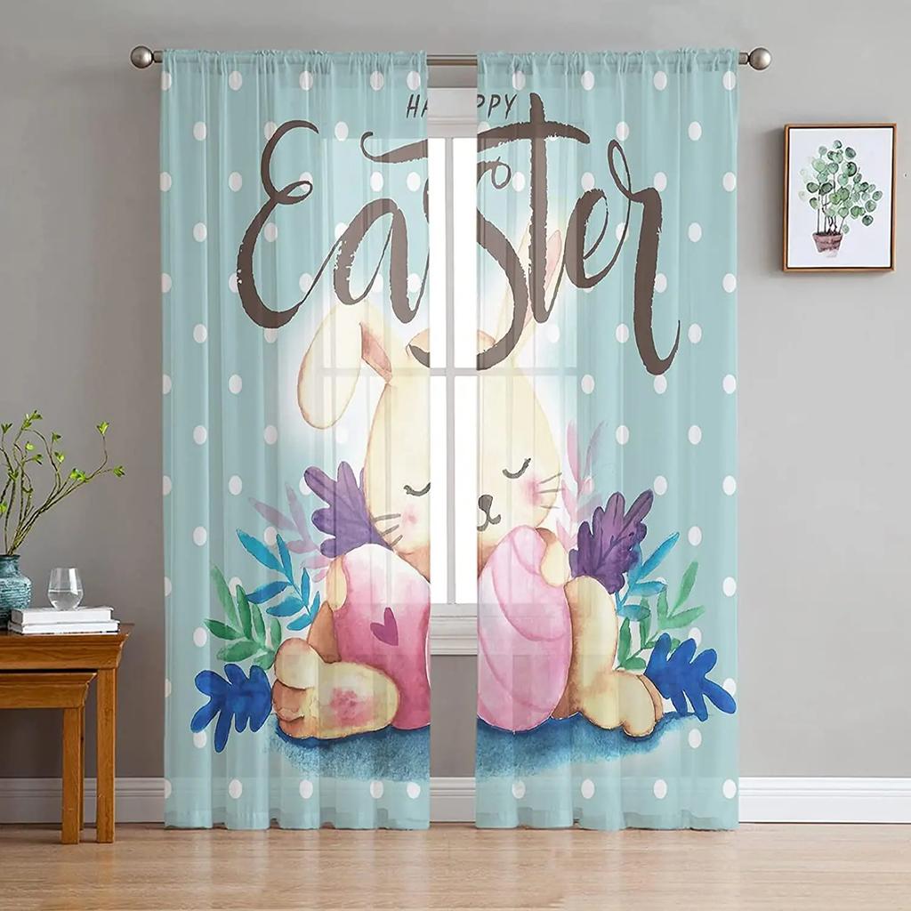 Sheer Easter Window Curtains Bedroom Living Room Egg Bunny Spring Flower Chiffon Voile Drapes Curtain Made Of Polyester Washable Sitting Ready