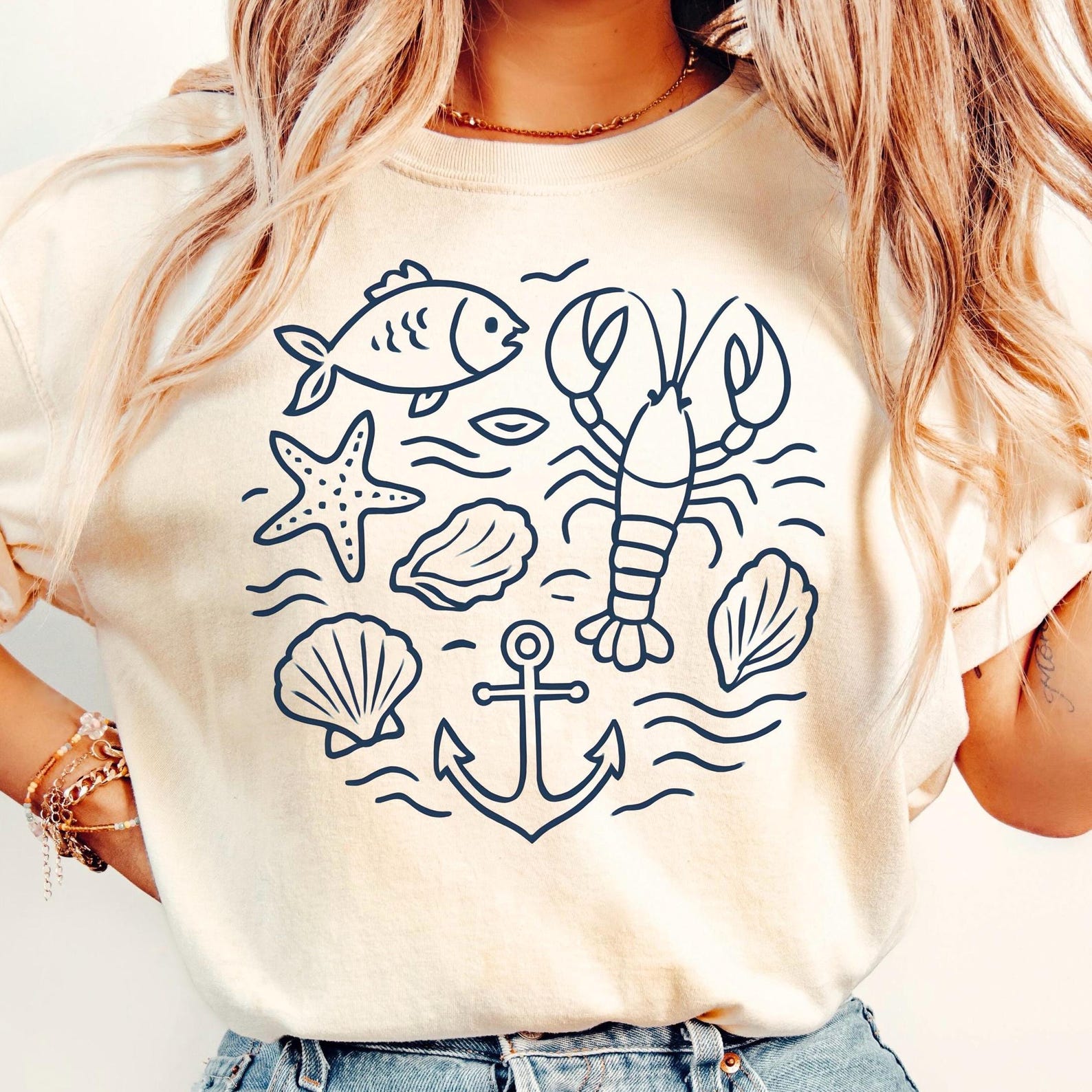 Comfort Colors Sea Life Shirt: Hand-Drawn Ocean Animals Tee 2XL