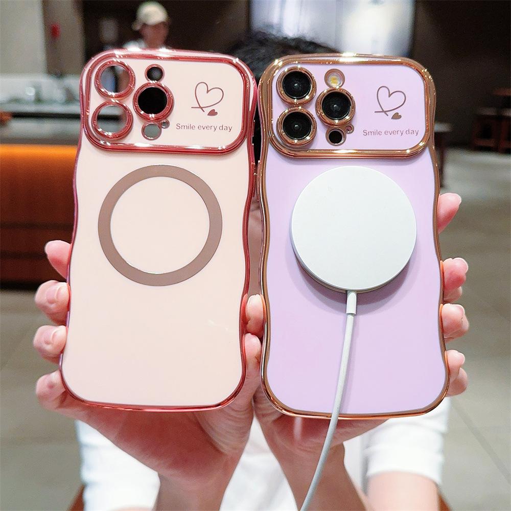 Electroplated side heart-shaped large window, iPhone 17 phone case, magnetic wave pattern, iPhone 16 Pro Max soft case 15