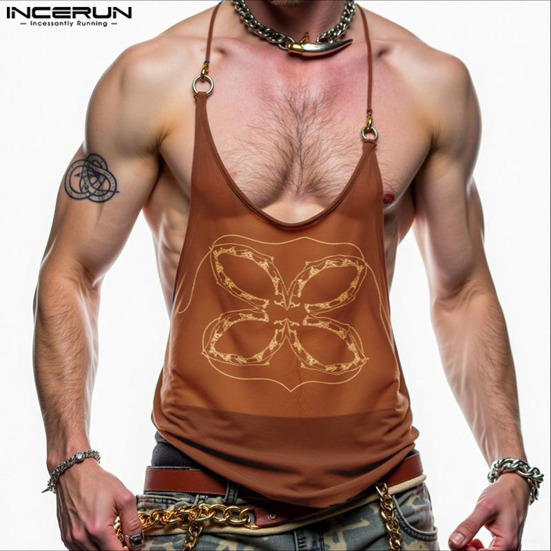 INCERUN Men Sling Sleeveless Print Mesh Sheer Tank Tops Camisole Undershirts