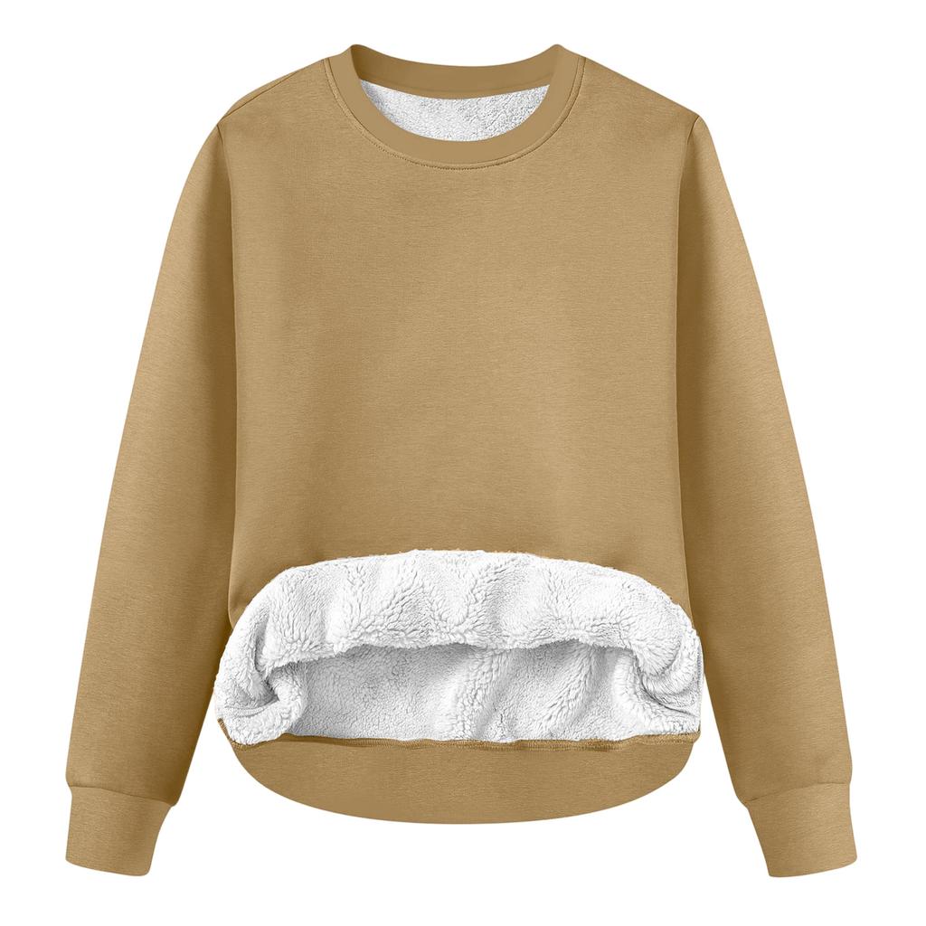 Dámský ležérní módní pulovr s kulatým výstřihem, zimní jednobarevná plyšová mikina