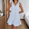 Women's Summer Fashion Color V-neck Bow Strap Button  Sweet Dress