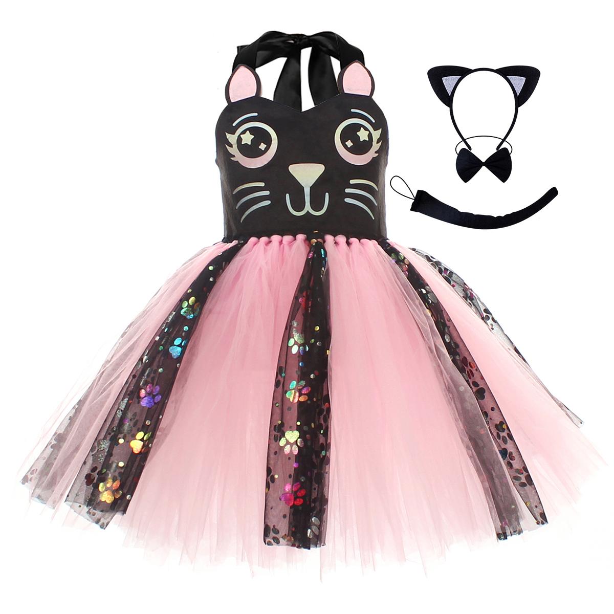 Robe Tutu Chat Noir Rose pour Bébés Filles Déguisement Halloween Costume Animal Kitty Tenue d'Anniversaire avec Oreilles Oreilles Nœud Papillon Queue XL(8-9T)