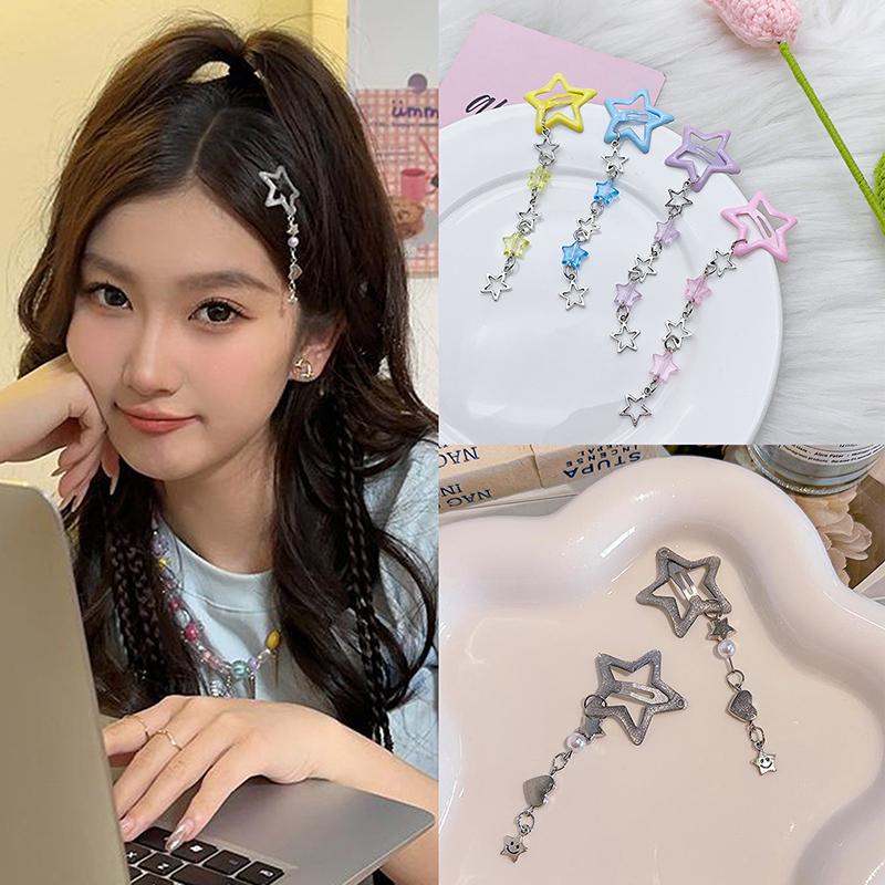 Sweet Cute Star Fringe Pendent Hair Clip Hairpin Colorful Pentagram Bb Clips Barrettes For Girls Dopamine Y2K Hair Accessories