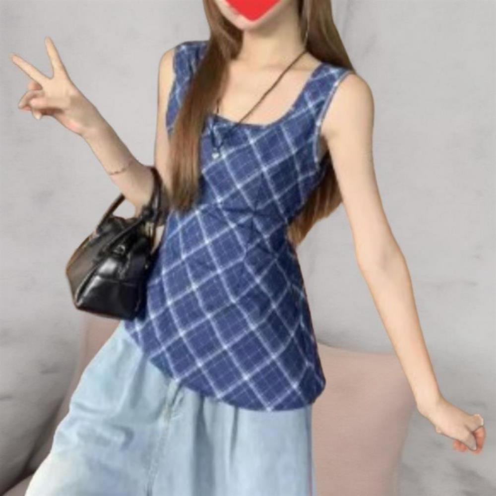 New ArrivalS Open Run Women S Check Pattern aSymmetrical SleeveleSS blouSe Back