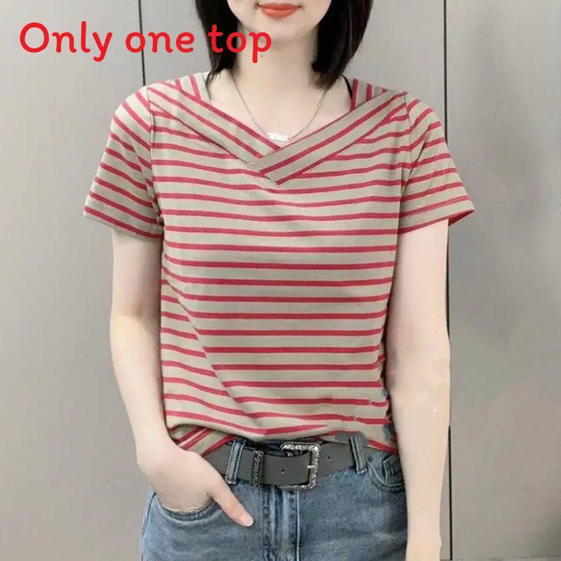 Oversize Striped T Shirt With Embroidery For Women Summer Casual Fashion