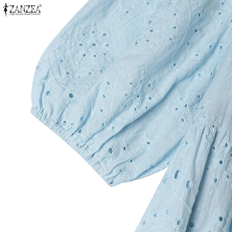 ZANZEA Women Casual Round Neck Lace Crochet Patchwork Summer Half Sleeve Dress