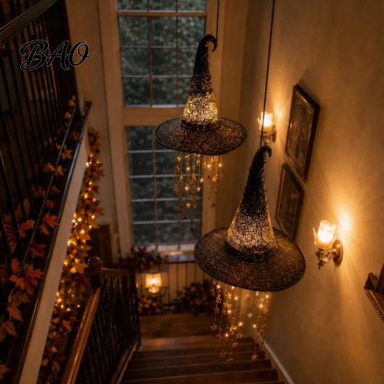 Halloween Hanging Decorations Lighted Witch Hat Chime, LED Glowing Wizard with Party Decoration Supplies Swinging Star Tassels, Indoor Outdoor