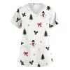 Women's V-Neck Print Scrub Top with Pockets and Side Slits, Short Sleeve Caregiver Uniform Shirt