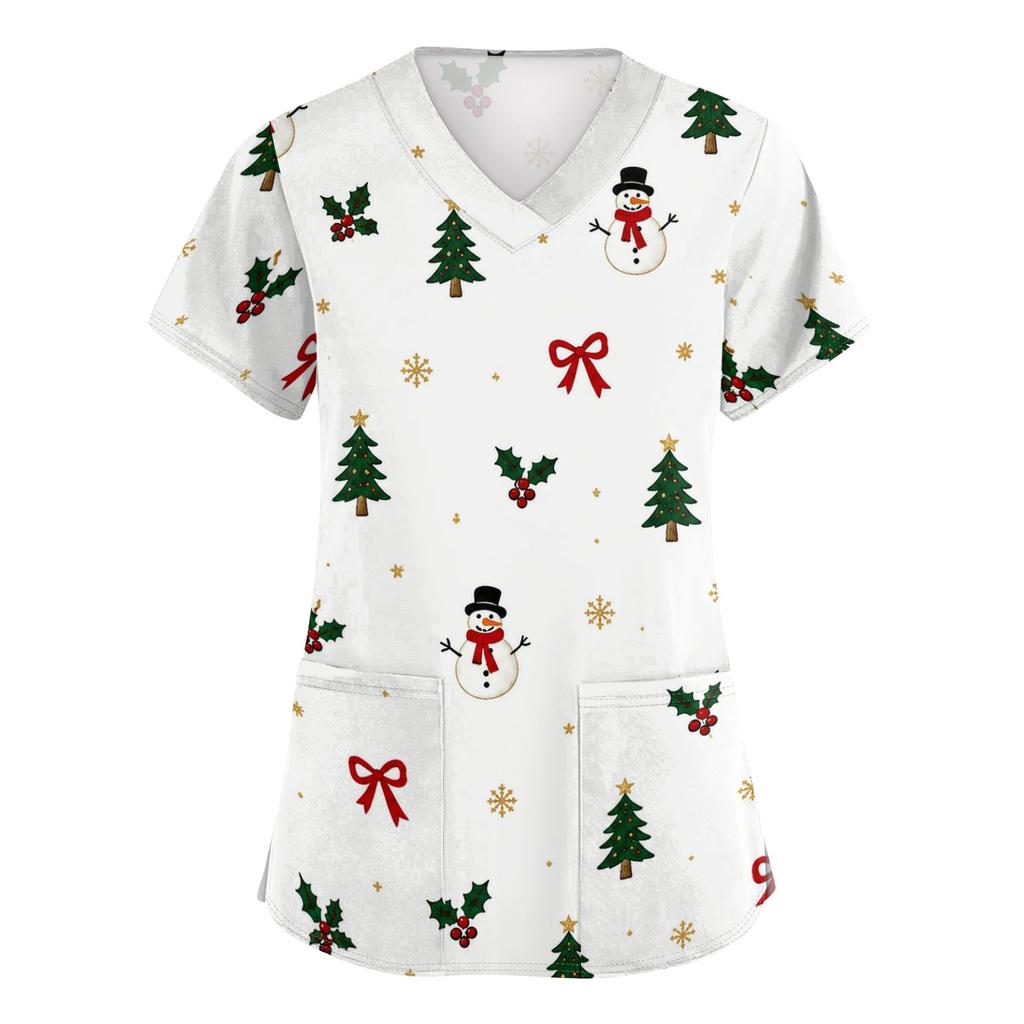Women's V-Neck Print Scrub Top with Pockets and Side Slits, Short Sleeve Caregiver Uniform Shirt