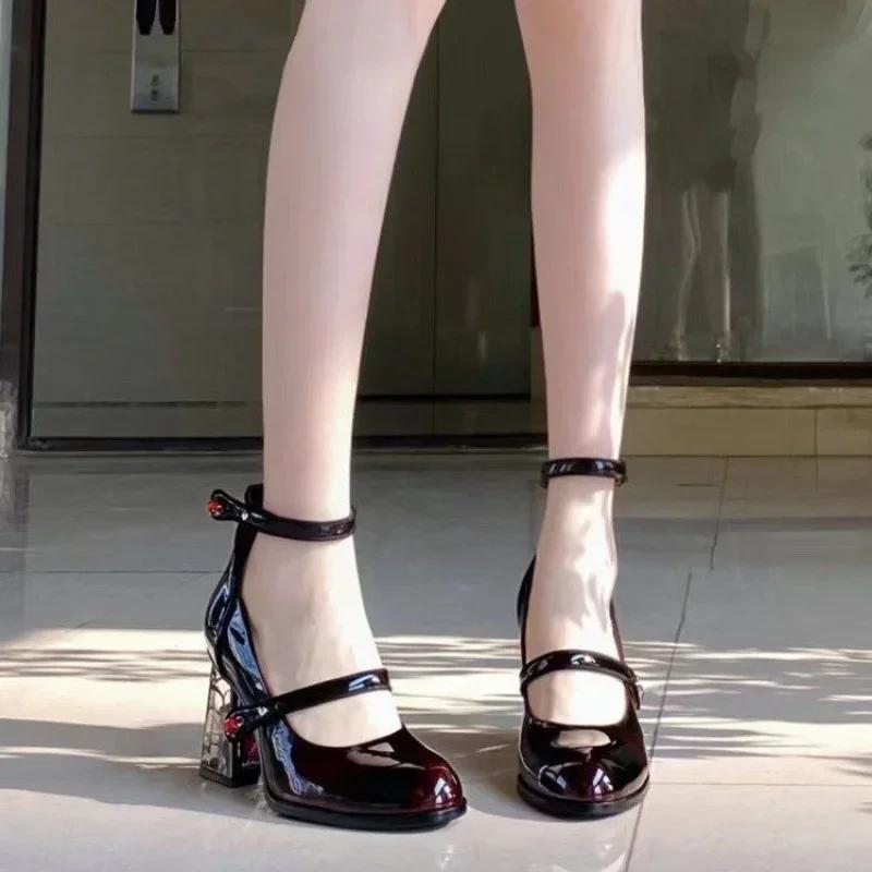 Fashion New Punk Gothic High Heels Pumps Women Rose Heeled Leather Lolita Shoes Woman Ankle Straps Black Mary Jane Shoes Plus Size 43
