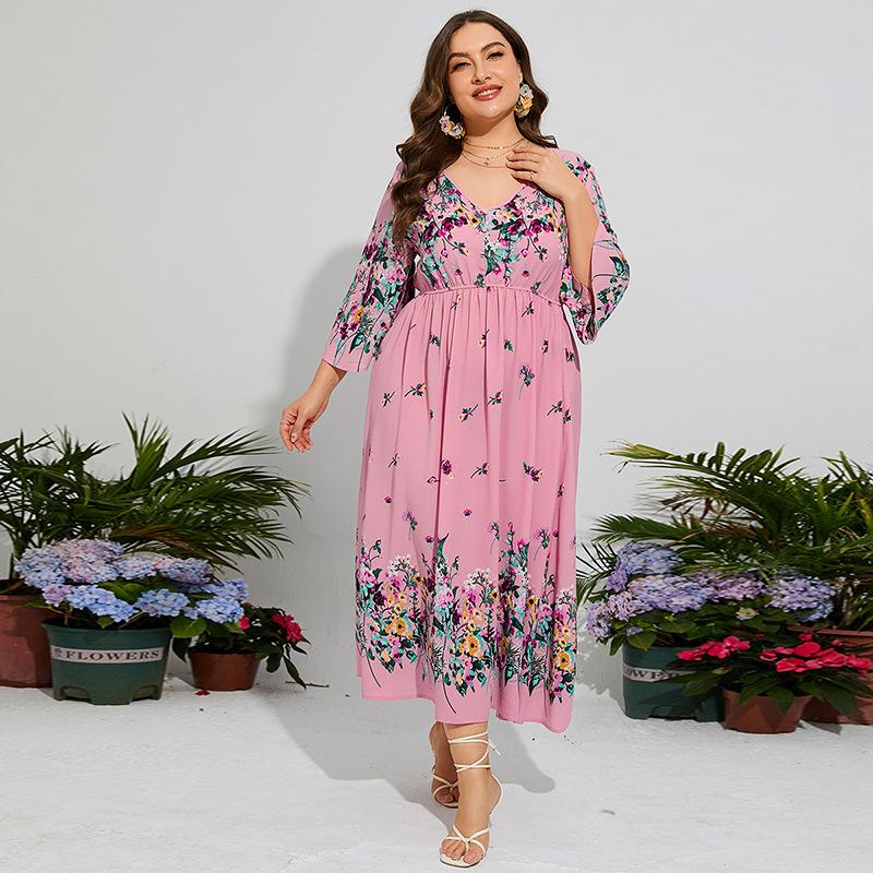 Rochie de damă de primăvară vară, mărime mare, din șifon, cu talie elastică, mâneci evazate, rochii lungi de vacanță