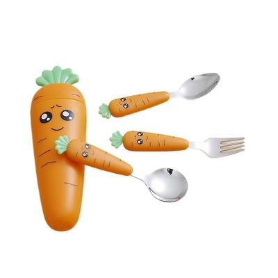 3-piece Creative Cartoon Carrot Tableware Set Stainless Steel Children's Fruit Food Supplement Fork Spoon Short Handle Tableware