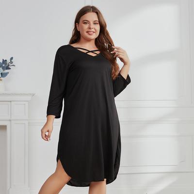 Vestido Largo de Talla Grande para Mujer de Color Sólido Moda Casual Color Sólido Suelto Manga Larga Camisón