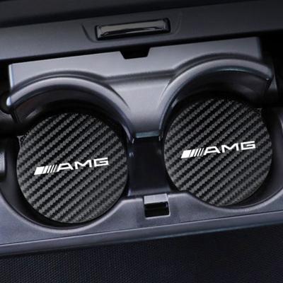 AMG Logo Carbon Fiber Patterned Leather Coasters Car Cup Holders Silent Pads For Mercedes Benz AMG W206 W204 W205 W212 W213