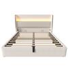 Modern Hydraulic Bed with High Headboard, 140x200cm Double Bed with LED Lighting, Storage & USB/Type-C Ports, in Linen-Look Beige (With Mattress)