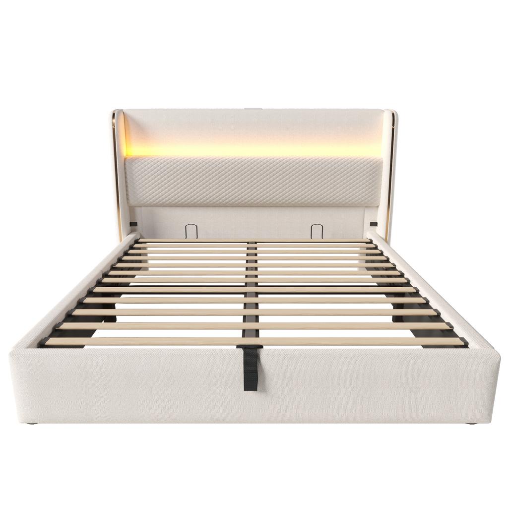 Modern Hydraulic Bed with High Headboard, 140x200cm Double Bed with LED Lighting, Storage & USB/Type-C Ports, in Linen-Look Beige (With Mattress)