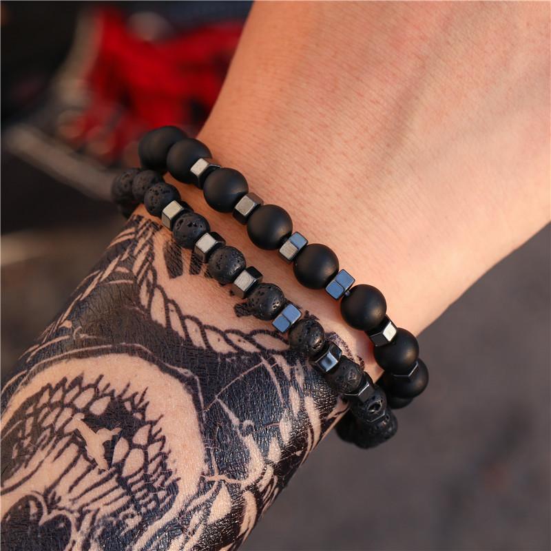 Vintage Black Agate Volcanic Stone Beaded Bracelet Summer Vacation Style Men's Natural Stone Stacked Bracelet