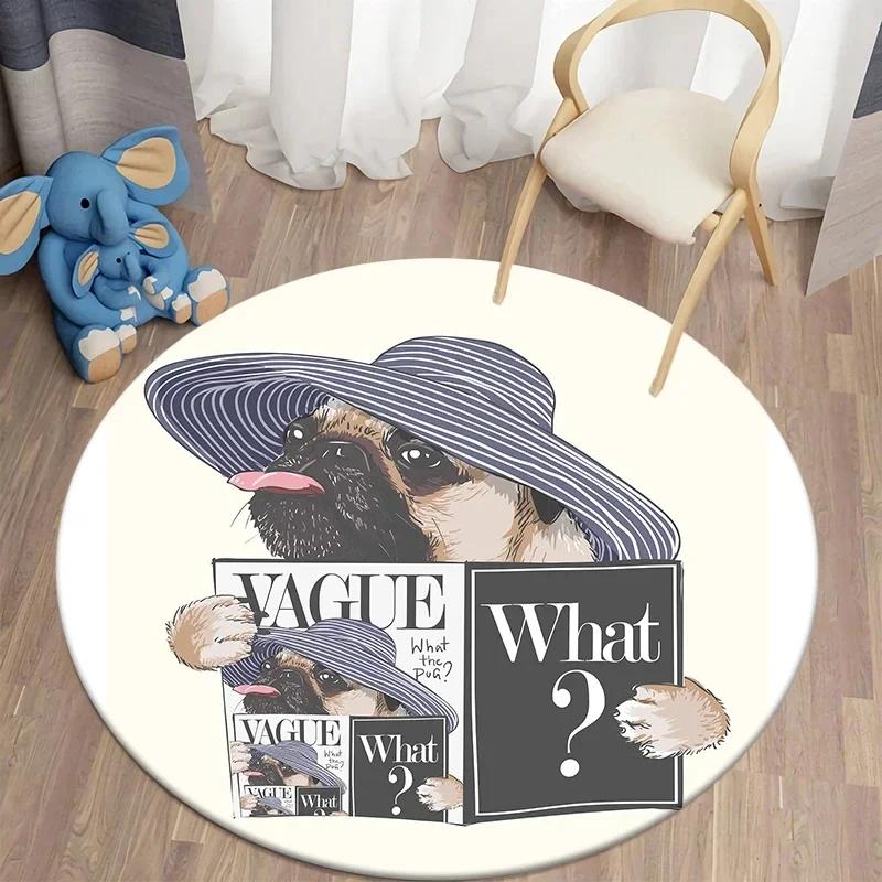 Crystal Velvet Cute Pug Round Rug, Kawaii Dog Print Non Slip Floor Mat for Living Room, Bedroom, Home Decor, Circle Area Rug