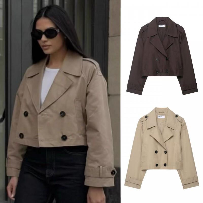 ZA Womens Double-Breasted Short Trench Coat Jacket Casual Elegant Outerwear Daily Commute