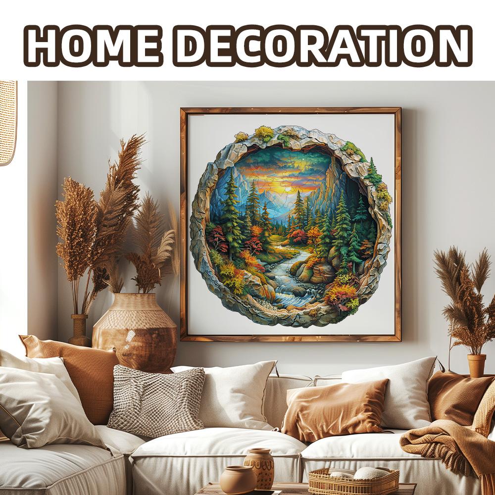 3D Wooden Circular Puzzle - Green Forest Sunset Scene, Family Game Activities, Wooden Home Decoration Gifts