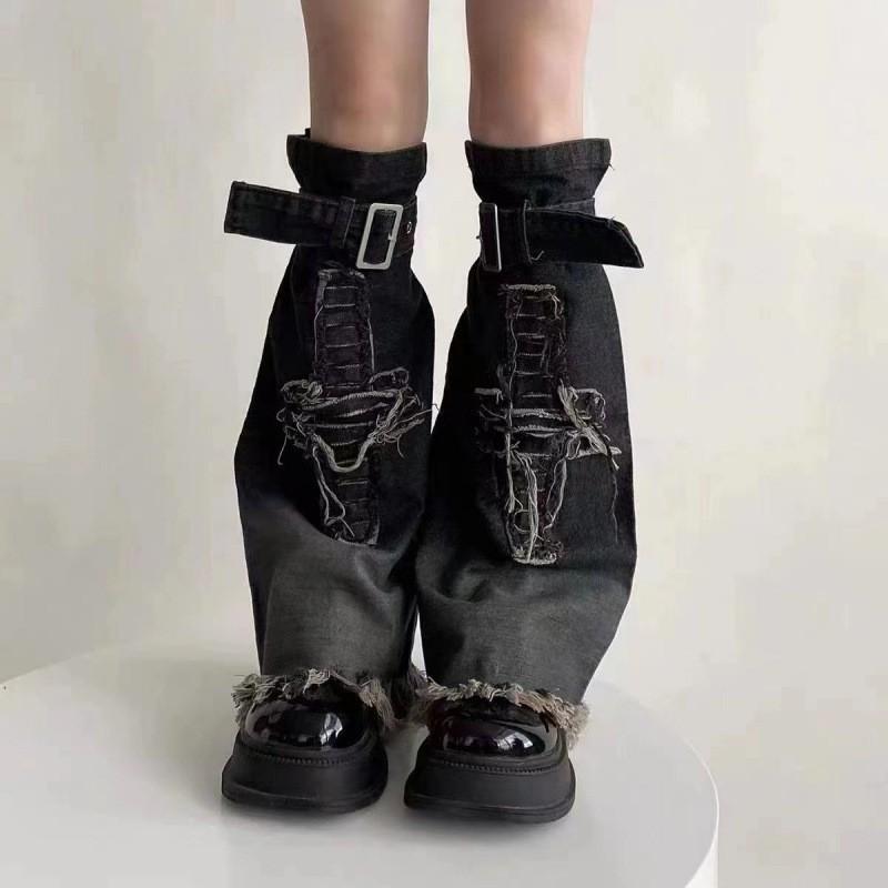 Y2K Style Denim Cropped Sock With Cross Motif Geometric Print Womens Ankle Teen Girls New Denim Leg Warmer with Cross Motif