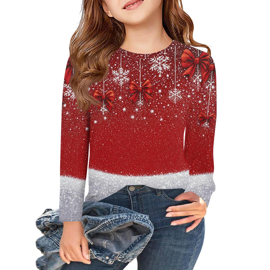 T-shirts à manches longues pour filles pour le jour de Noël, hauts d'automne pour enfants, t-shirts basiques à col rond imprimés