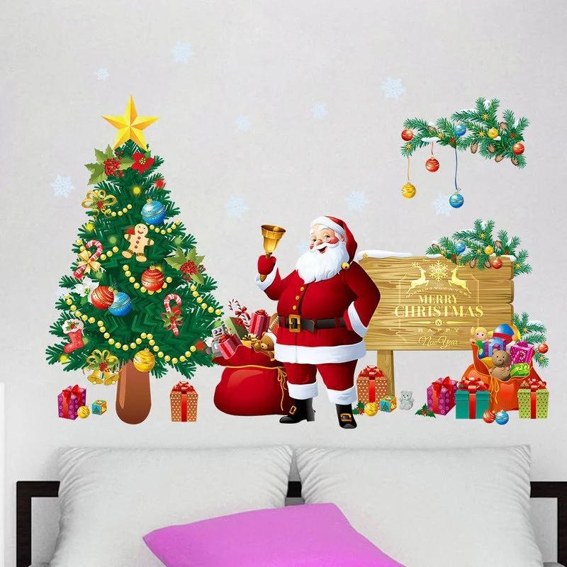 Christmas Tree Wall Stickers with Bedroom Decorations Decals Santa Claus Home Decor Accessories Can Remove Window Posters