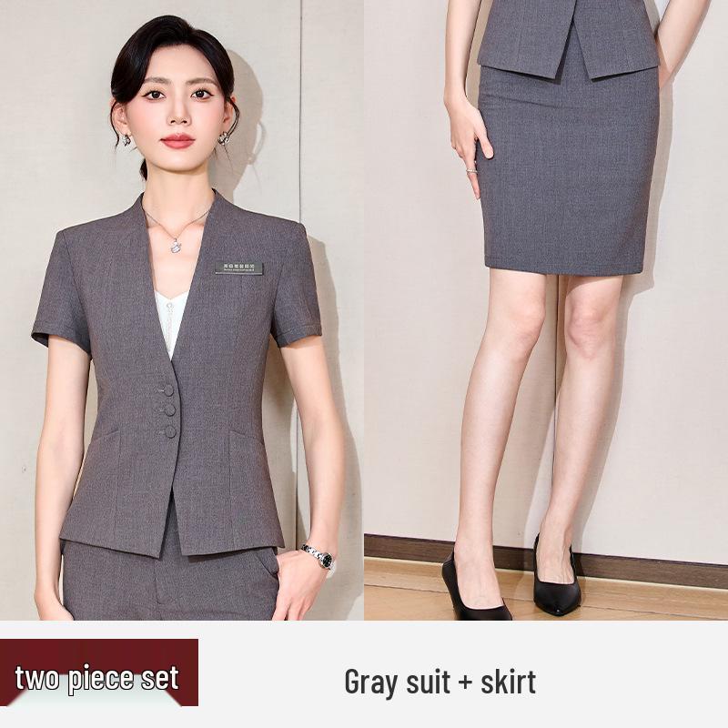 Women's Blue Short-Sleeve Professional Suit Set for Hotel Manager or Receptionist - Spring/Summer Formal Workwear