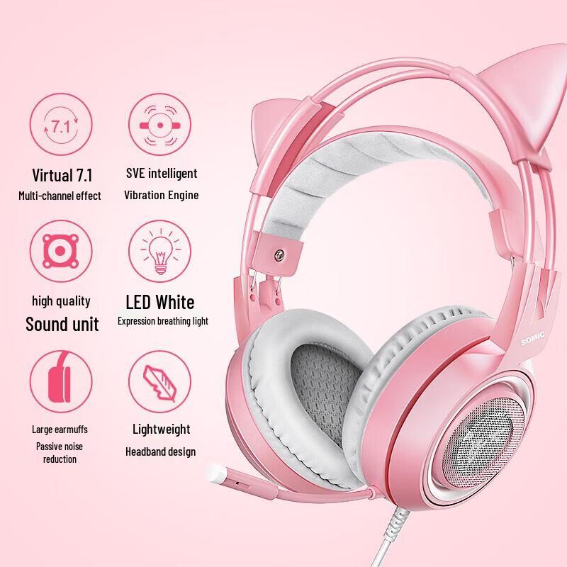 SOMIC G951 Rosa Katzenohren USB 7.1 Gaming-Headset