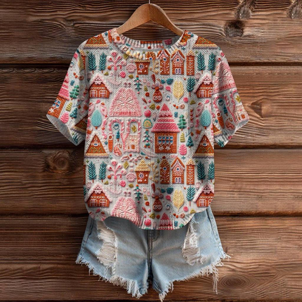 Women's Cute Sweater Knitted Fashion Casual Round-neck Short-sleeved  Cozy Print Top