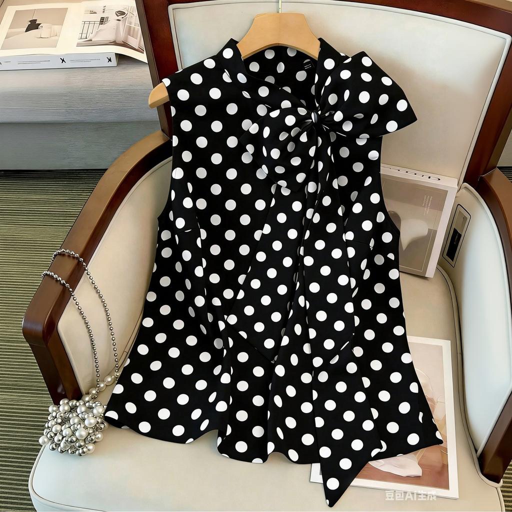 Damen Plus Size Ärmelloses Tanktop Polka Dot Print Rundhals Krawatte vorne Sommerurlaub