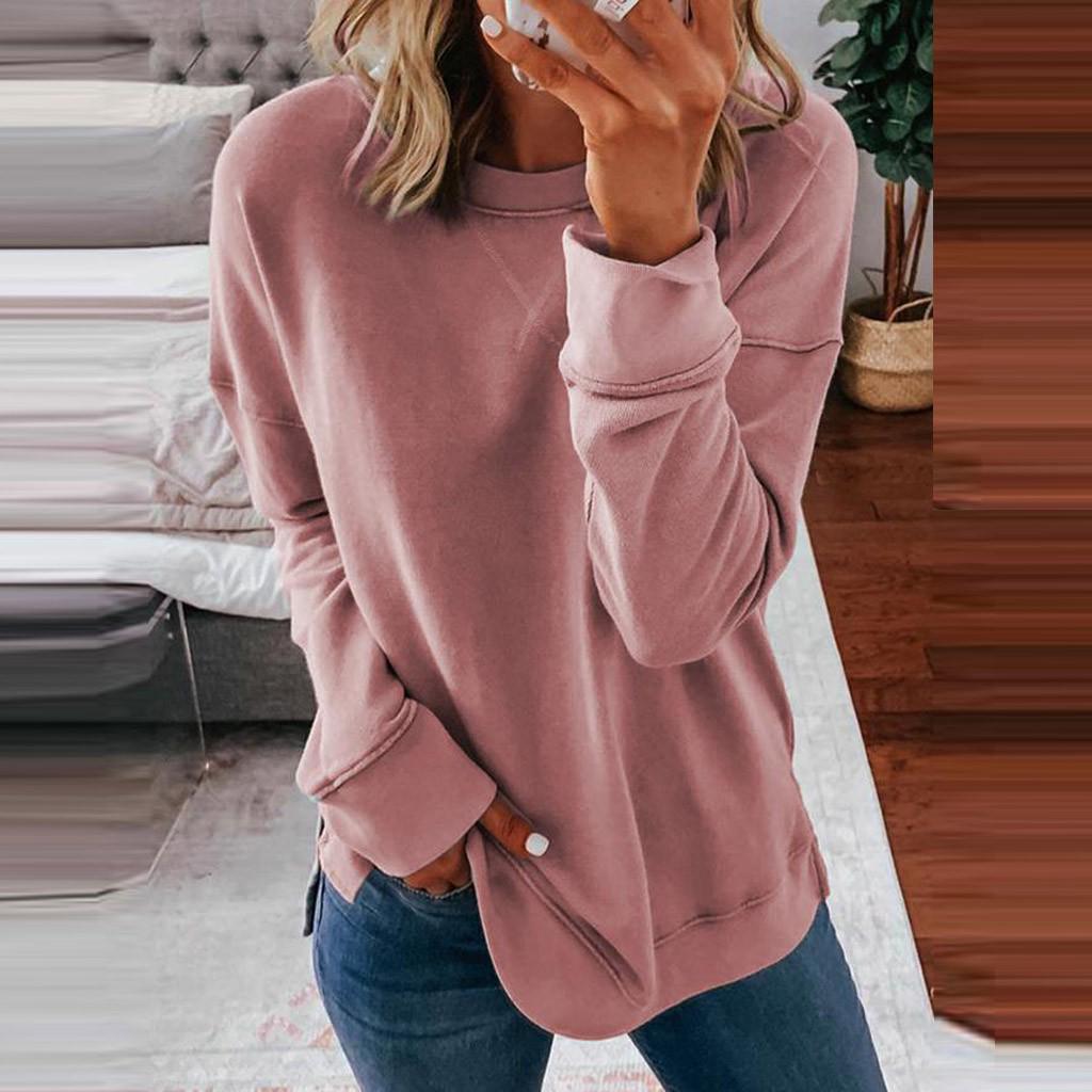 

Woman s Casual Fashion Long Sleeve Solid Color Round Collar Hoodie Tops XXXXXL розовый