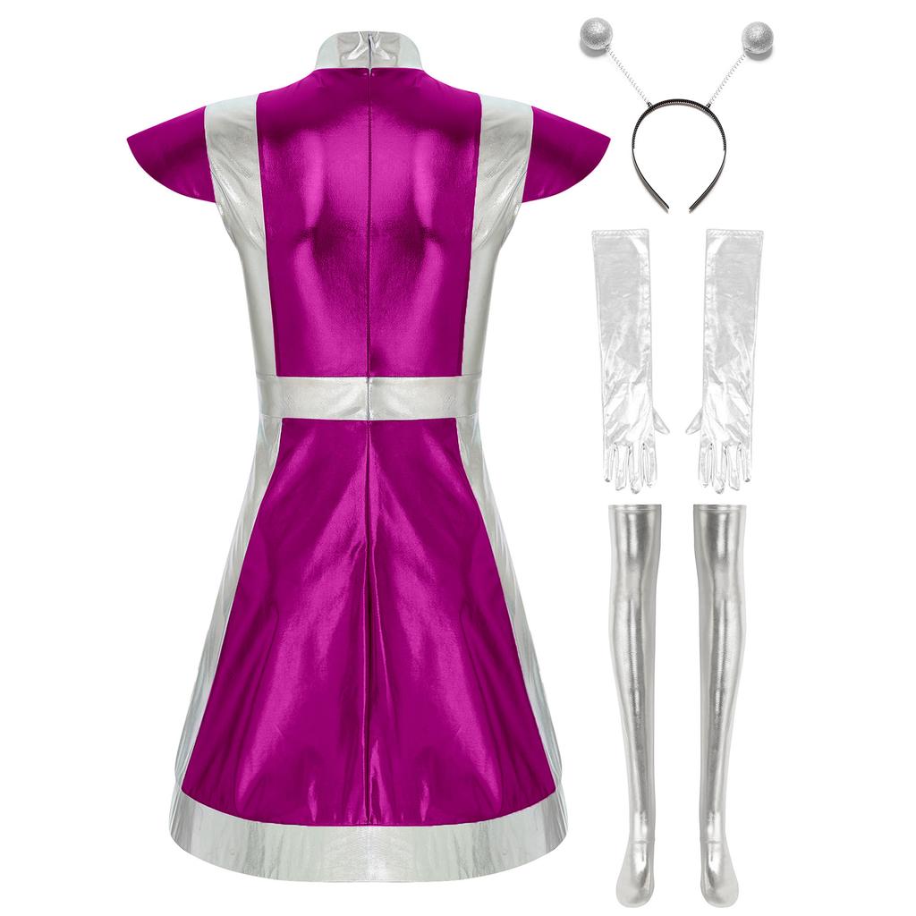 Womens Alien Cosplay Costume Space Fighter Design Metallic Shiny Dress Hair Hoop Long Gloves Stockings