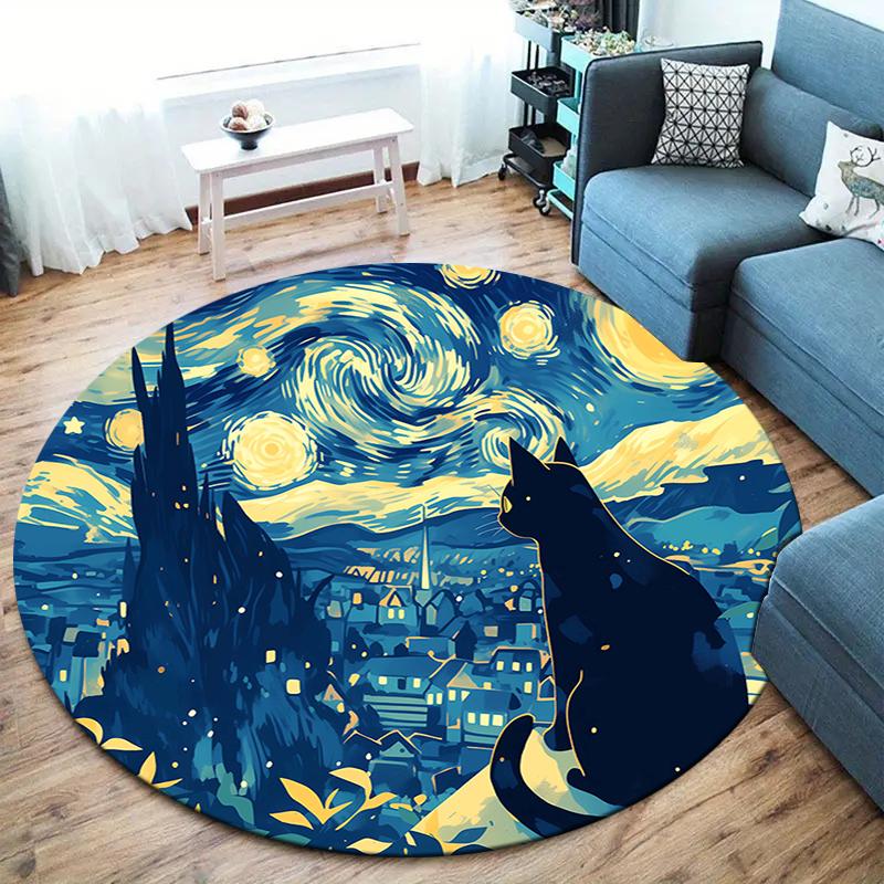 Cartoon Black Cat Round Area Rug,Carpet Rug for Living Room Bedroom Sofa Playroom Decor,Non-slip Floor Mat